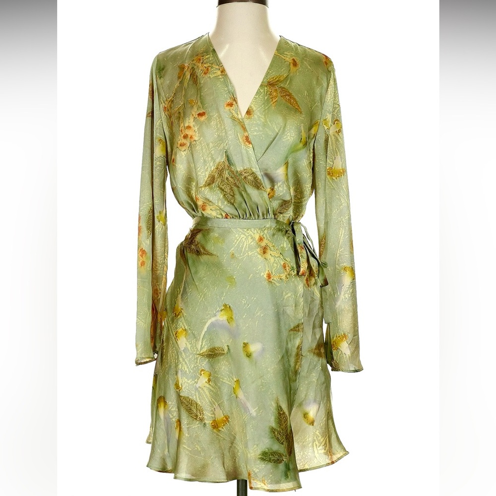 ZARA Pale Green Silk Wraparound Leaf Dress with Gold and Red Leaves